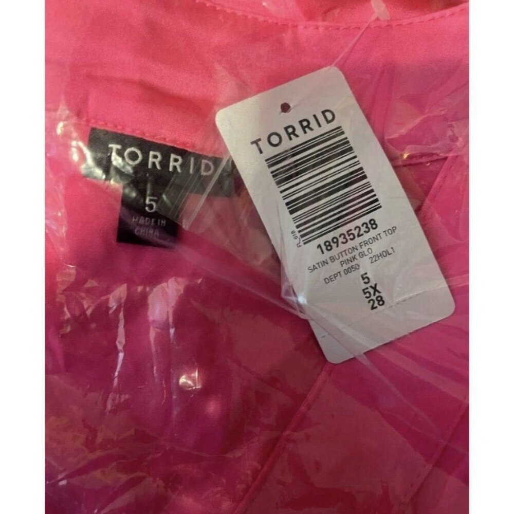 Torrid +5 Hot Pink Satin V-Neckline Button Down Fitted Waist Long Sleeve Blouse - Picture 6 of 6